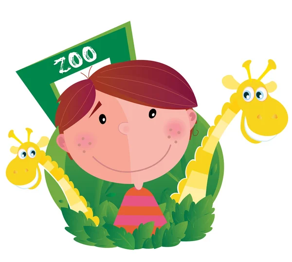 Small boy with two giraffes in zoo — Stock Vector