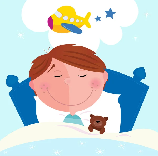 Small boy sleeping in bed and dreaming — Stock Vector