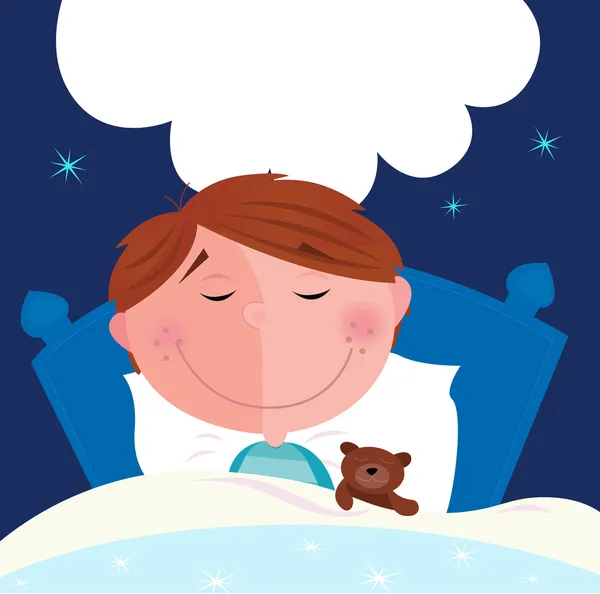 Kleine jongen met zijn teddybeer slapen — Stockvector