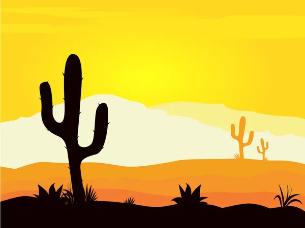 Atardecer en el desierto de México con plantas de cactus — Vector de stock
