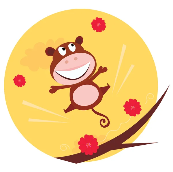 快乐的跳跃猴子和红色花朵 — 图库矢量图片