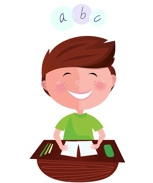 Πίσω στο σχολείο: ευτυχισμένος χαμογελαστό αγόρι μάθησης σε Ελληνικά Μάθημα — Διανυσματικό Αρχείο