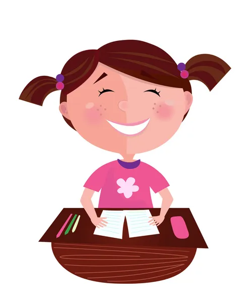 Voltar à escola: Happy sorrindo menina aprendendo em sala de aula — Vetor de Stock