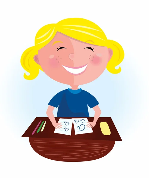 Πίσω στο σχολείο: ευτυχισμένος ξανθά μαλλιά κορίτσι στην τάξη — Διανυσματικό Αρχείο