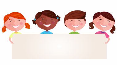 Cute multicultural kids holding a blank banner for your message clipart