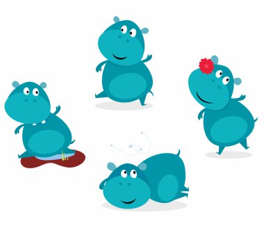 Cute happy blue hippopotamus in four poses clipart