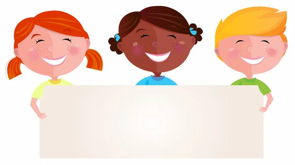 Cute multicultural children holding a blank sign for your message — Stock Vector
