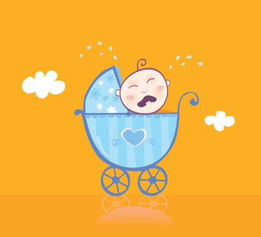 Small boy crying in pram clipart