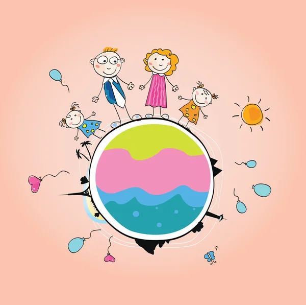 Famille heureuse sur Terre, Soleil, Ballons - Vecteur — Image vectorielle