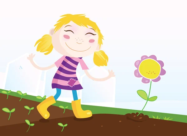 Ευτυχισμένος χαριτωμένο κορίτσι στον κήπο — Διανυσματικό Αρχείο
