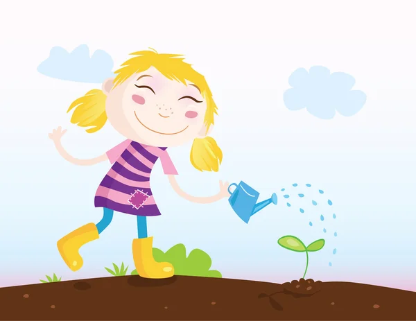Kleines Mädchen im Garten, das die Pflanze im Garten gießt — Stockvektor