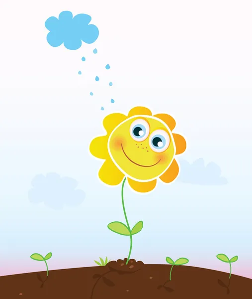 Ευτυχής άνοιξη λουλούδι και raining ουρανού — Διανυσματικό Αρχείο