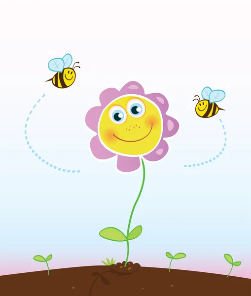 Les abeilles et les fleurs dans le jardin — Image vectorielle
