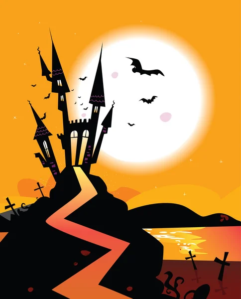 Zwart silhouet van achtervolgd kasteel met maan achter — Stockvector
