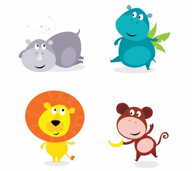 Cute safari animals set - hippo, rhino, lion and monkey clipart