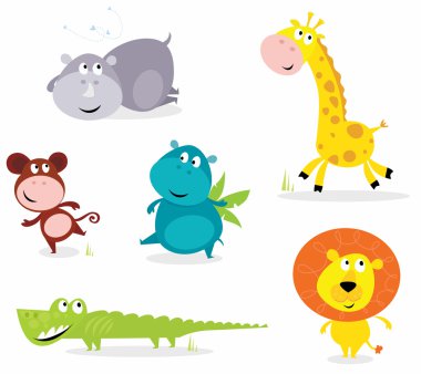 Vector cartoon illustration of six cute safari animals