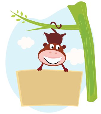 Cute Monkey hanging from tree upside down with banner clipart