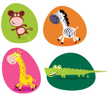 Cute safari animals set - monkey, zebra, giraffe and crocodile clipart