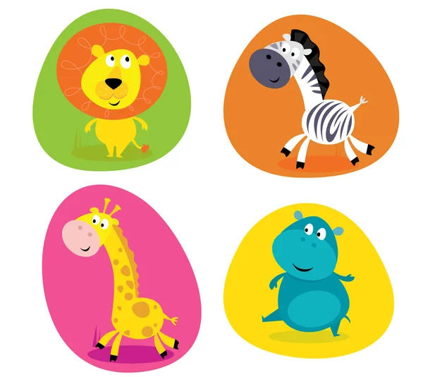 Conjunto de animais safári bonitos - leão, zebra, girafa e hipopótamo —  Vetores de Stock