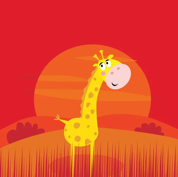 Safari animals - cute giraffe and red sunset scene behind — Stock Vector