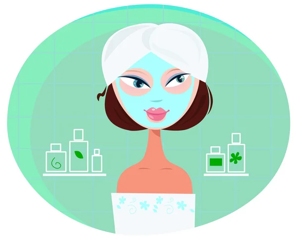 Beautiful girl woman with facial mask in bathroom — Stock Vector