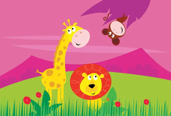 Animaux drôles jungle afrique : girafe, lion et singe — Image vectorielle