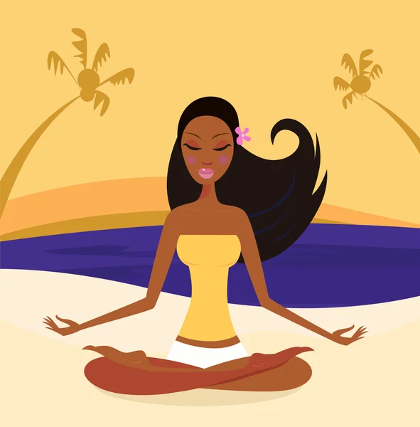 Žena, která dělá jógu lotosové pozici na pláži při západu slunce, retro styl — Stockový vektor