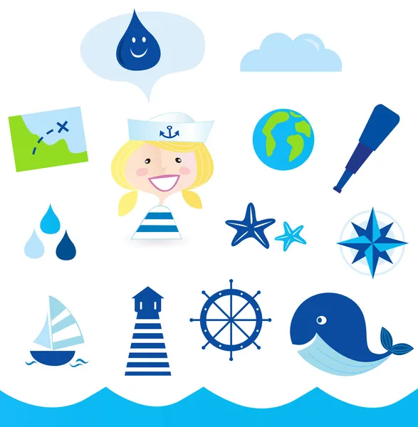 Ikony Nautic, żeglarz i przygoda - niebieski — Wektor stockowy