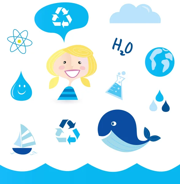 Återvinna vatten: skolan nautiska, ocean, vatten och natur ikoner — Stock vektor