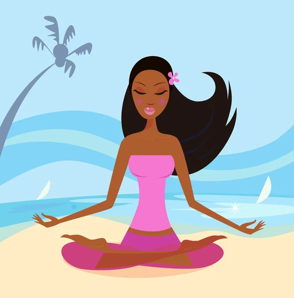 Fille faisant position de lotus de yoga sur la plage — Image vectorielle
