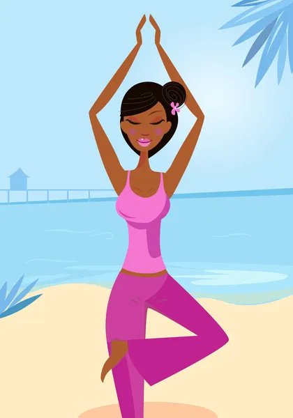 Frau im Yoga-Baum posiert am sonnigen Strand — Stockvektor