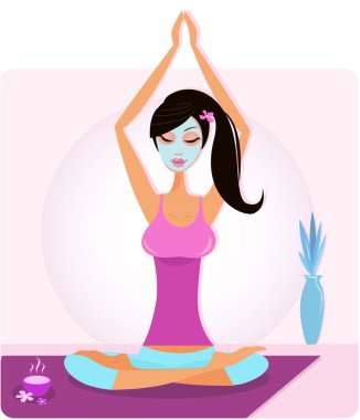 Yoga girl with facial mask practicing yoga asana clipart