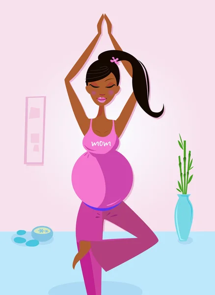 Zwangere donkere gevilde vrouw doen yoga, boom pose — Stockvector