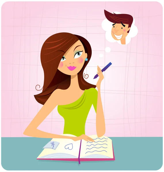 Young student girl is daydreaming while studying — Stock Vector