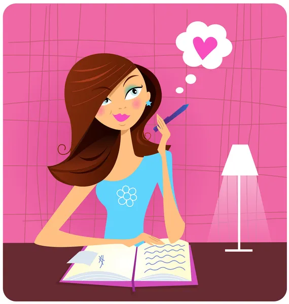 Adolescente chica escribiendo diario y soñando con el amor — Archivo Imágenes Vectoriales