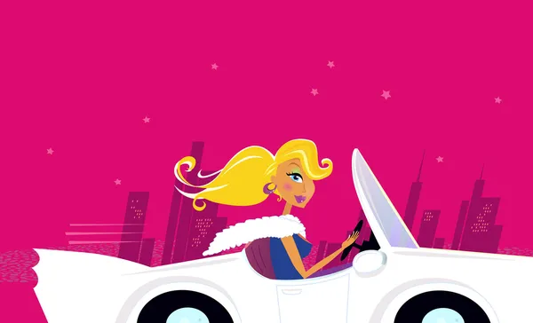 Girly Chick Driver dans une voiture convertible — Image vectorielle