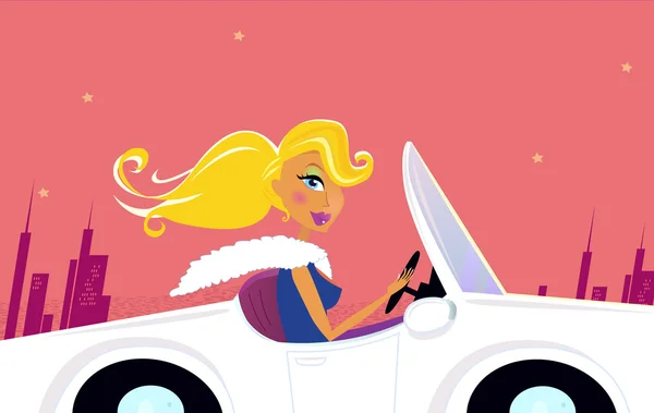Girly Chick Driver dans une voiture convertible — Image vectorielle