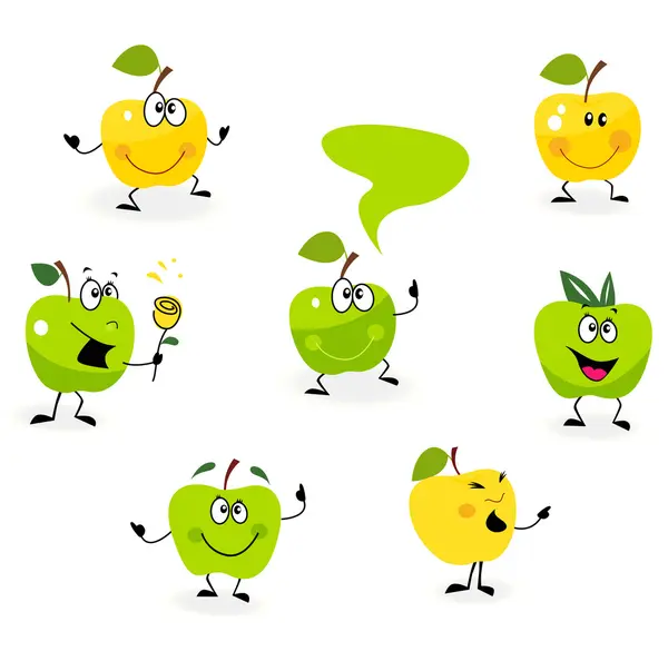 Graciosos personajes de fruta de manzana verde aislados sobre fondo blanco — Vector de stock
