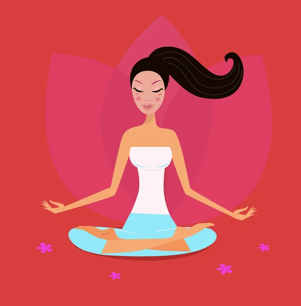 Yoga-kız lotus pozisyonda izole kırmızı zemin üzerine — Stok Vektör