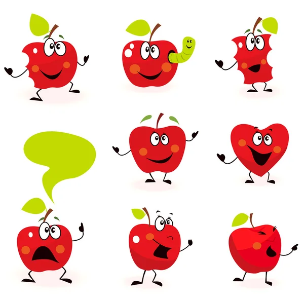 Personajes divertidos de manzana roja aislados sobre fondo blanco — Vector de stock