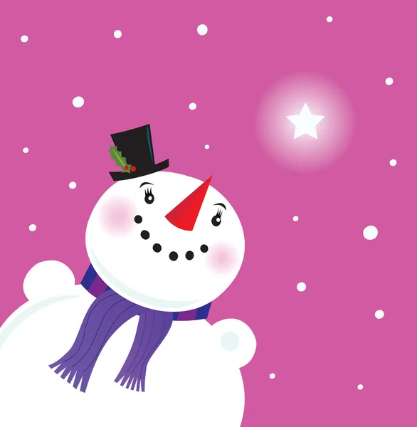 Χαρούμενος χιονάνθρωπος κυρία κοιτάζοντας το χιόνι — Διανυσματικό Αρχείο