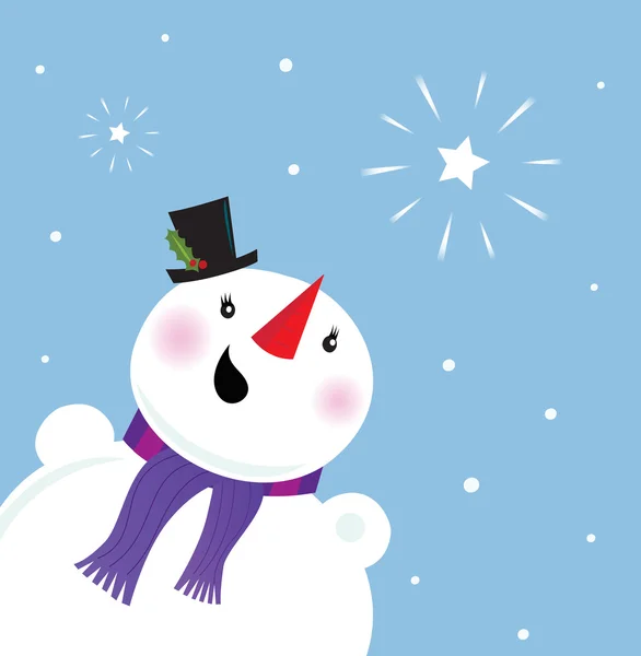 Boneco de neve feliz olhando para a neve e estrela de Natal — Vetor de Stock