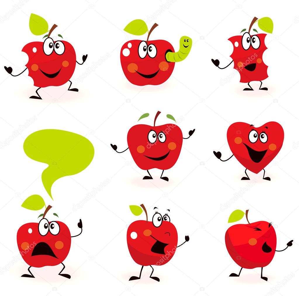 Funny red Apple fruit characters isolated on white background