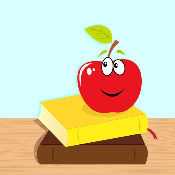 Вернуться в школу: книги и красное улыбающееся яблоко характер — стоковый вектор