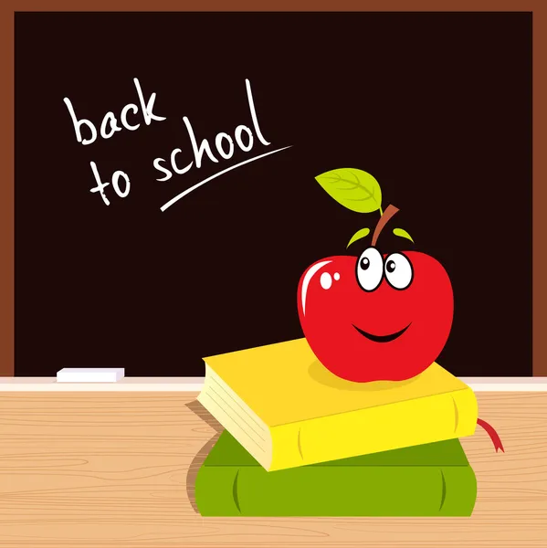Voltar à escola: maçã, livros e quadro preto — Vetor de Stock