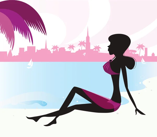 Černá ženská silueta relaxační na tropické pláži — Stockový vektor