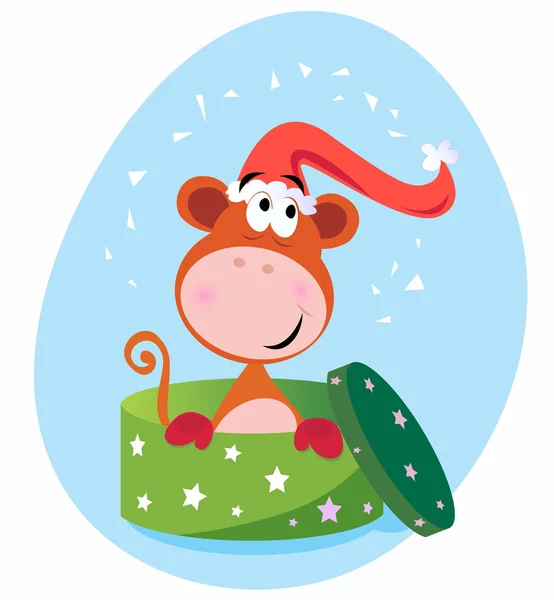 クリスマス プレゼント: 緑色のボックスの猿 — ストックベクタ