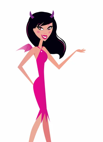 Sexy mujer de pelo negro en traje de diablo rosa — Vector de stock
