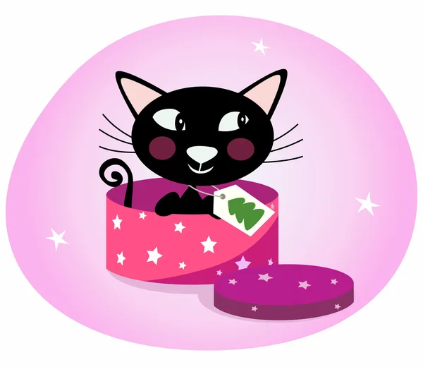 Μαύρο γατάκι Χριστούγεννα σε ροζ δώρο κουτί — Διανυσματικό Αρχείο