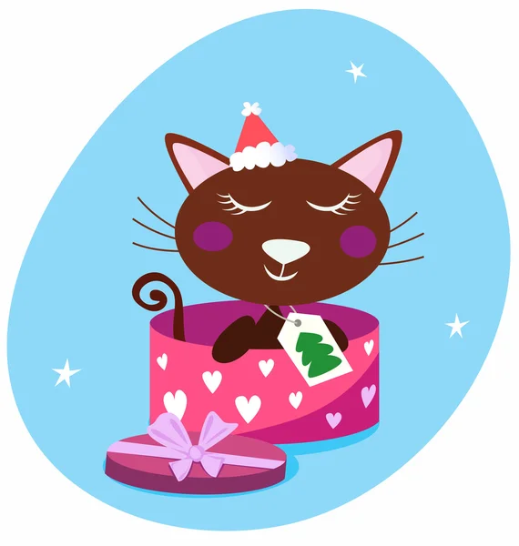 Brown christmas cat in pink gift box — Stock Vector